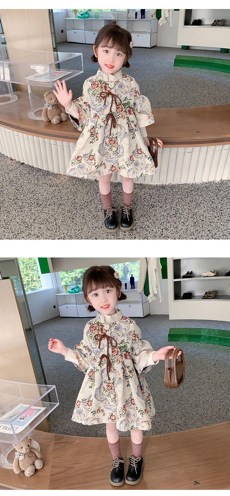 復古油畫風長版外套-花花-奶咖啡色