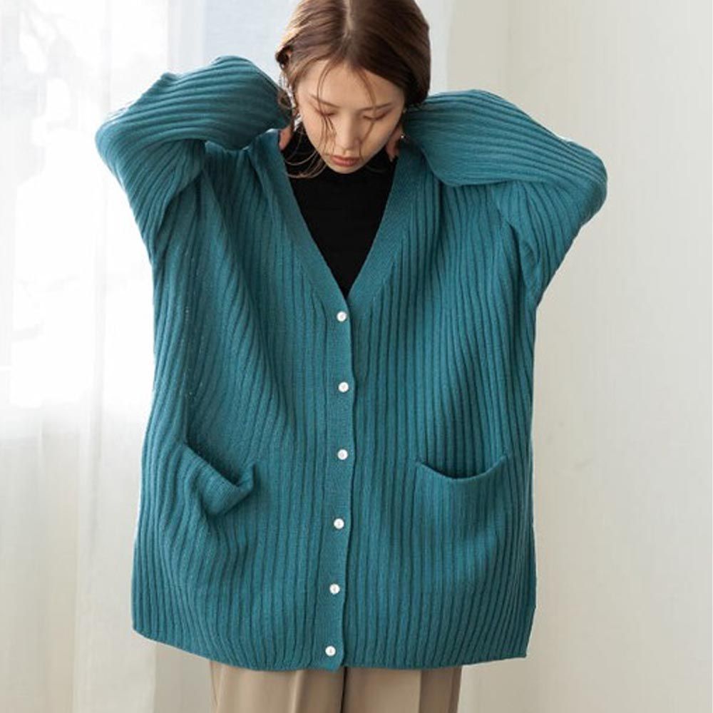日本 ihuu - V領寬鬆坑條長版針織外套-藍綠