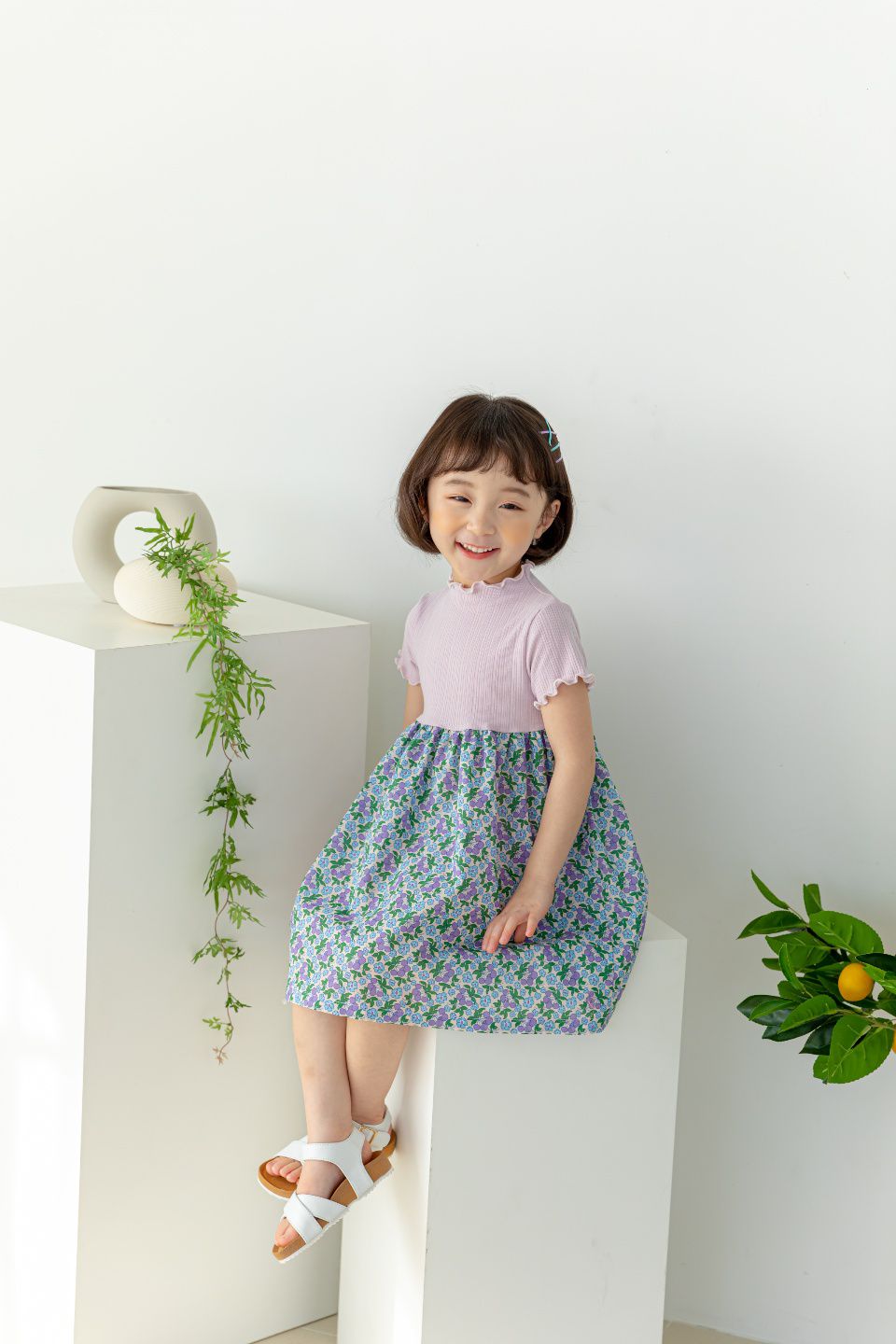 韓國 Orange Mom - 果實花朵異材質拼接洋裝-橘/黃