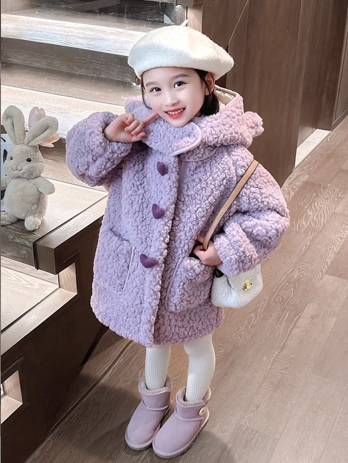 love, charlotte - 羔羊絨連帽熊耳朵中長版外套-香芋紫色