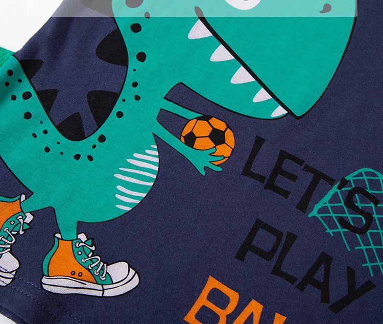 BE TOP - 純棉立體短袖上衣-恐龍踢足球-深藍色