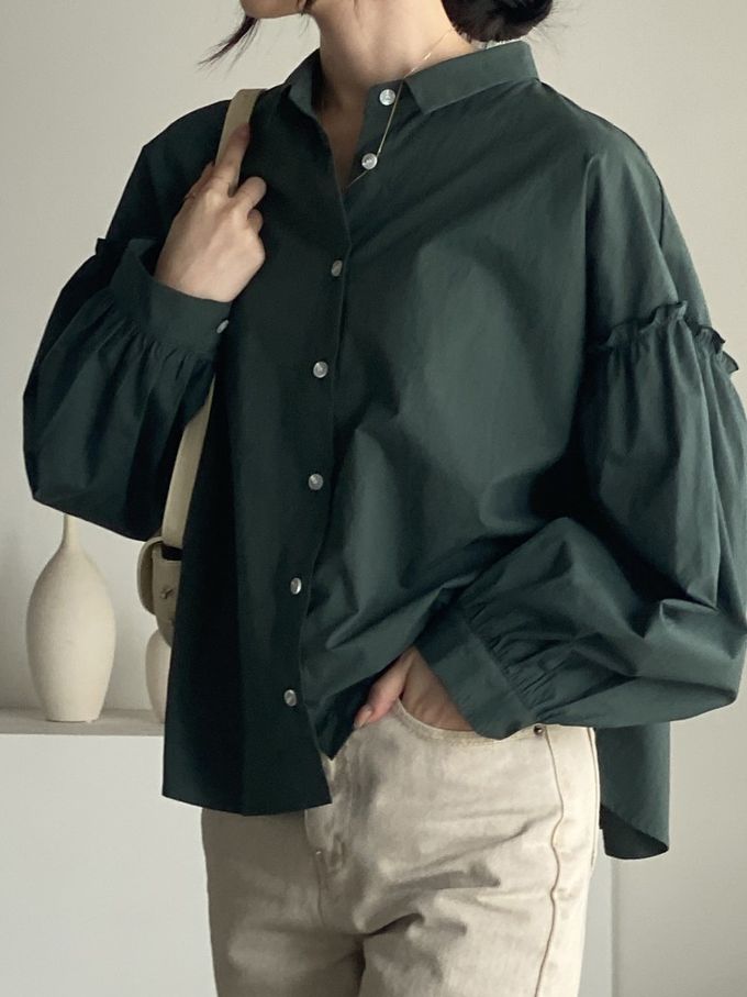 韓國女裝連線 - 極簡拼接翻領長袖襯衫-深綠 (FREE)