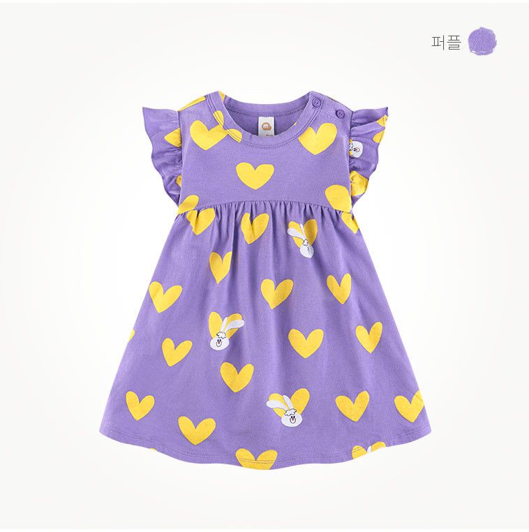 韓國 milk mile - 白兔心紋花袖洋裝-灰藍X紅愛心