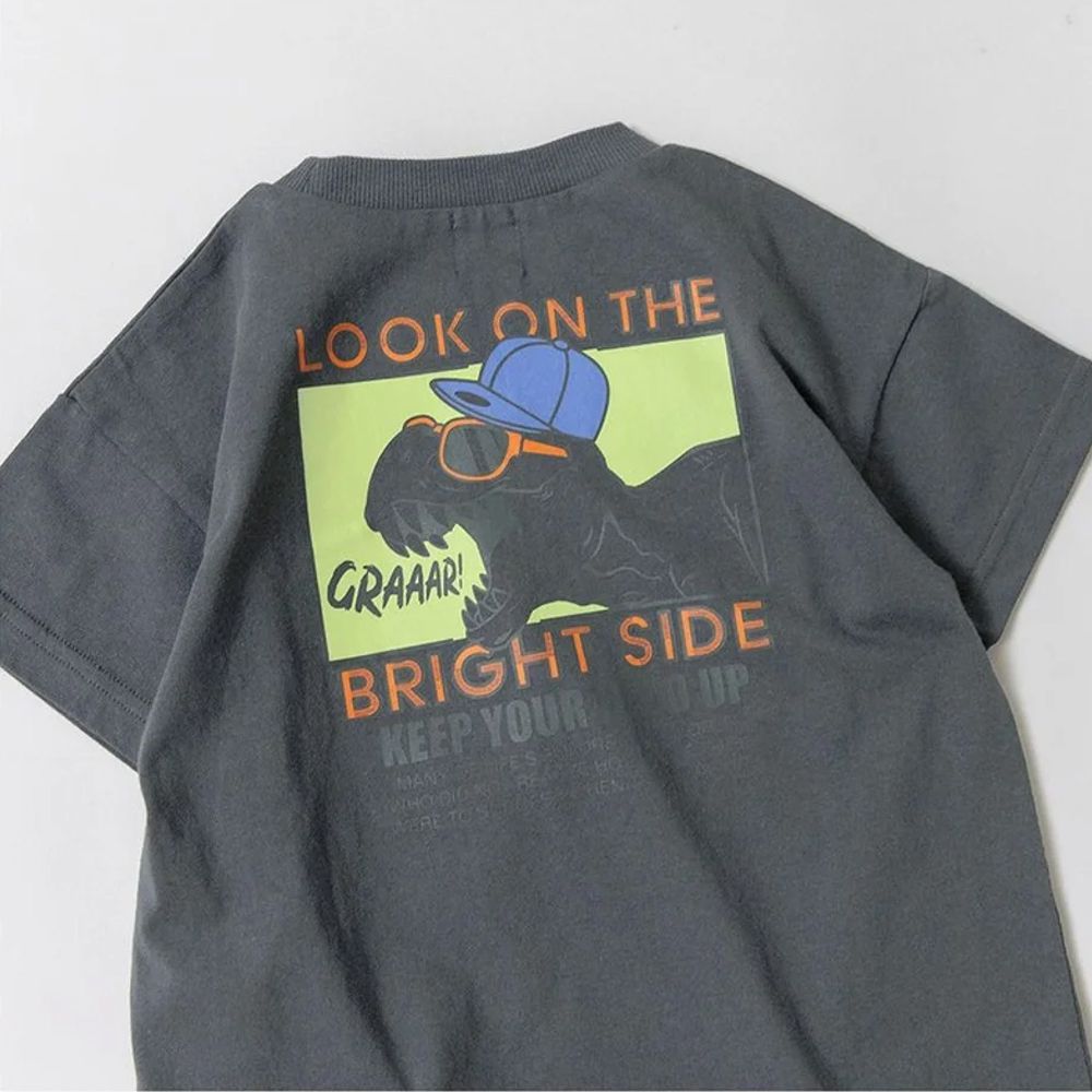 天竺棉可愛印花短袖上衣-美式恐龍-炭灰