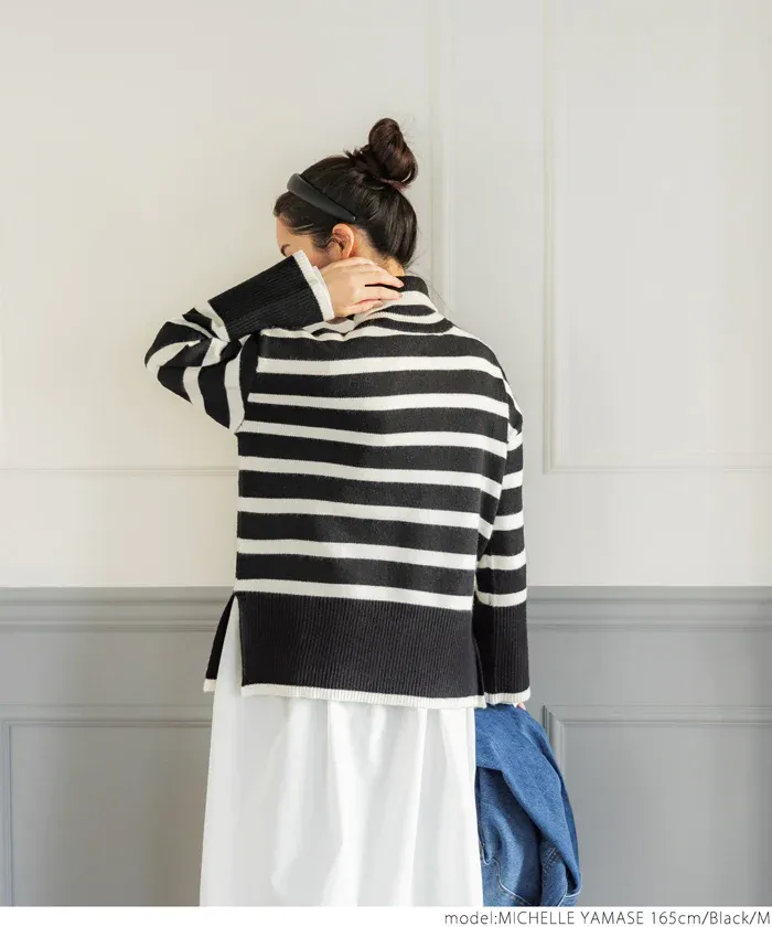 日本 COCA - 時尚條紋針織高領毛衣-白x黑