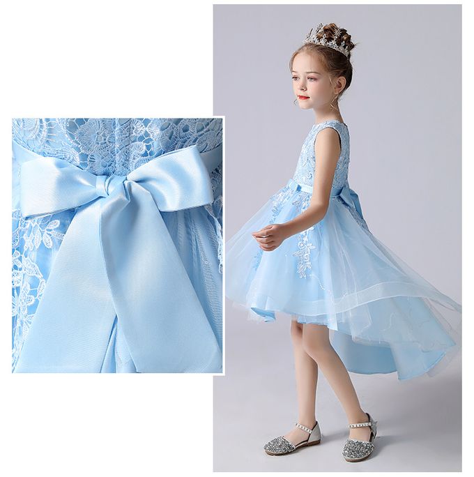 蕾絲圓領前短後長小禮服-淺藍色