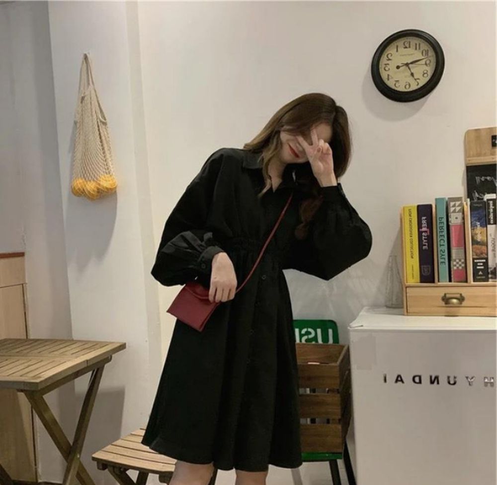 甜美翻領縮腰泡泡袖洋裝-黑