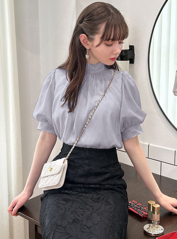 日本 GRL - 後綁帶柔美光澤雪紡泡泡袖上衣-香檳粉 (F)