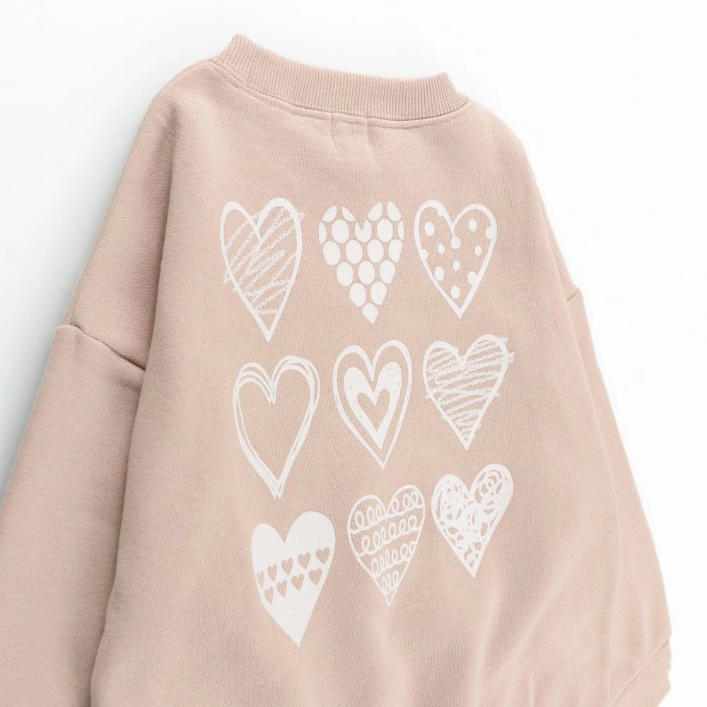 裏起毛 可愛女孩縮口長袖上衣-愛心-粉紅