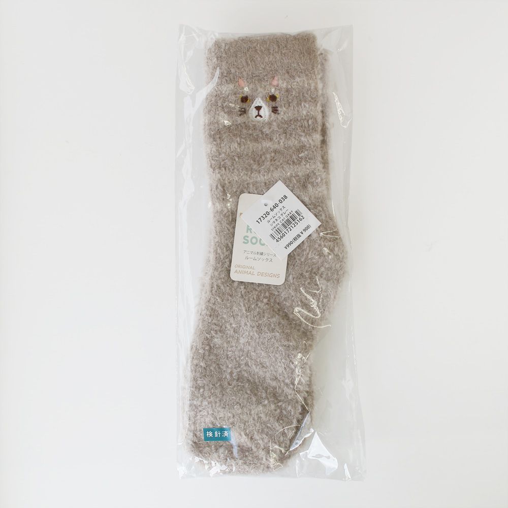 日本 TOMO - 可愛動物刺繡毛絨保暖襪-灰貓-深灰