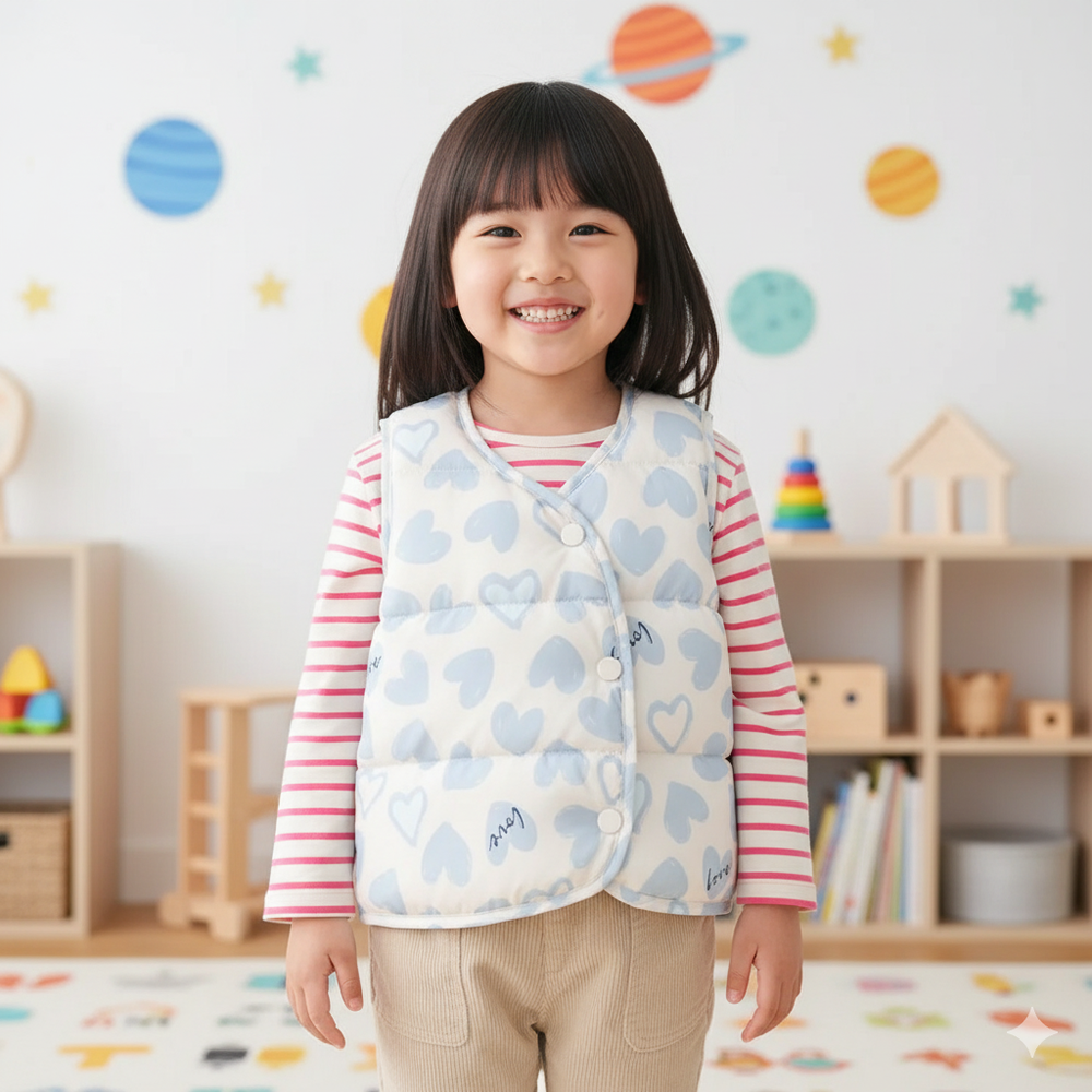 (90%鴨絨)保暖兒童羽絨背心-愛心LOVE-淺杏灰