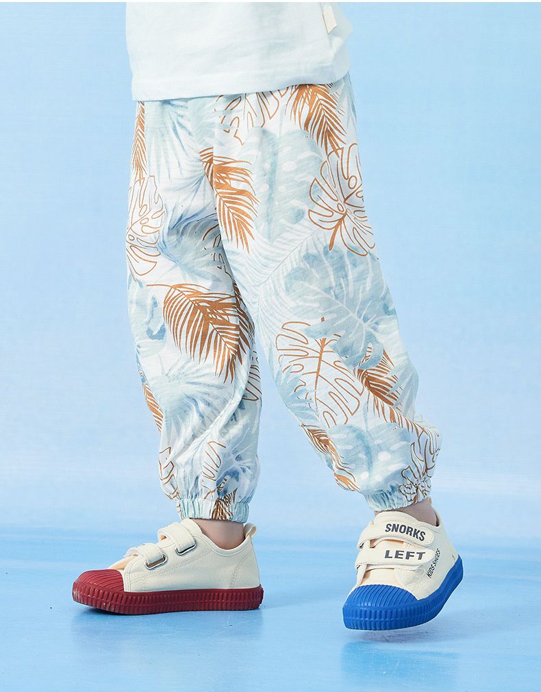 純棉束口長褲/防蚊褲-葉子-藍+白