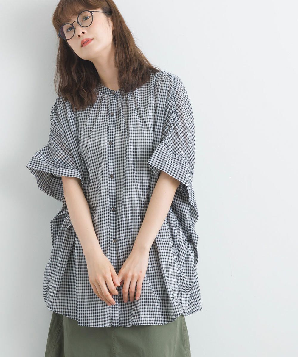 日本女裝代購 - 100%印度棉 質感百搭落肩短袖襯衫-經典黑