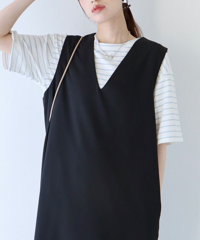 日本 BLUE EAST - 2WAY率性簡約V領連身洋裝/背心裙-黑