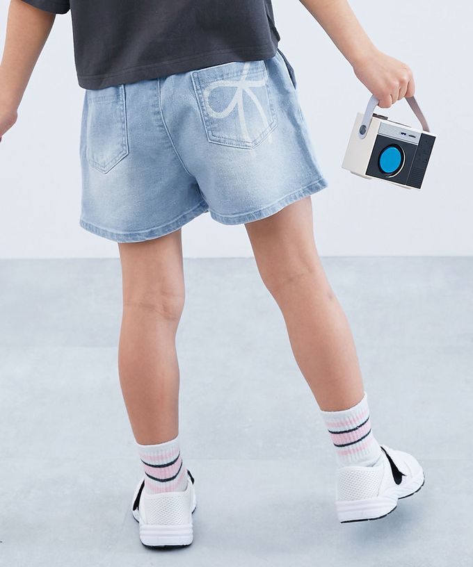 日本 devirock - Raku Denim蝴蝶結印花牛仔短褲-藍