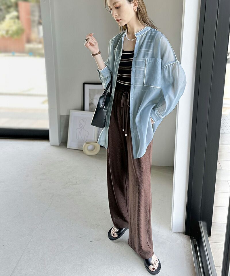 日本 Classical Elf - 優雅滾邊透膚感長袖襯衫-水藍