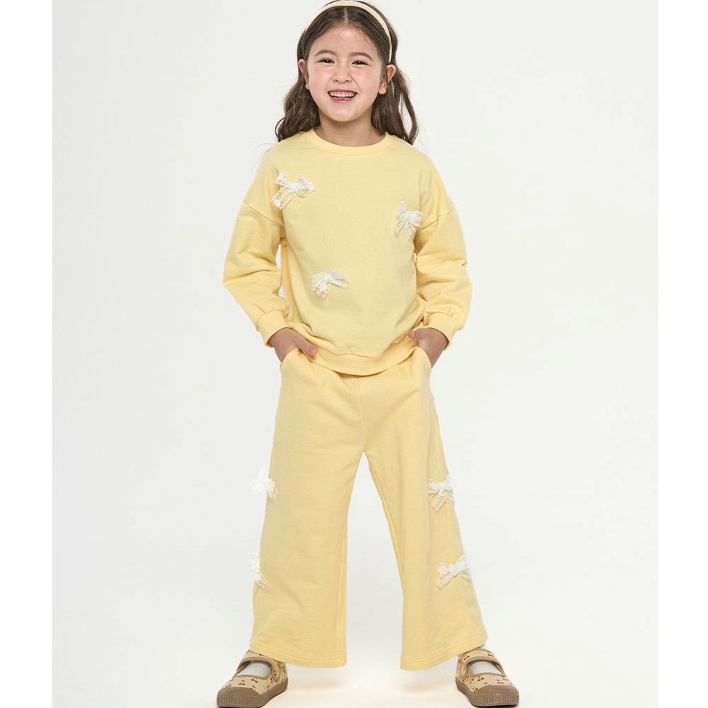 蕾絲蝴蝶結裝飾休閒長袖套裝-黃