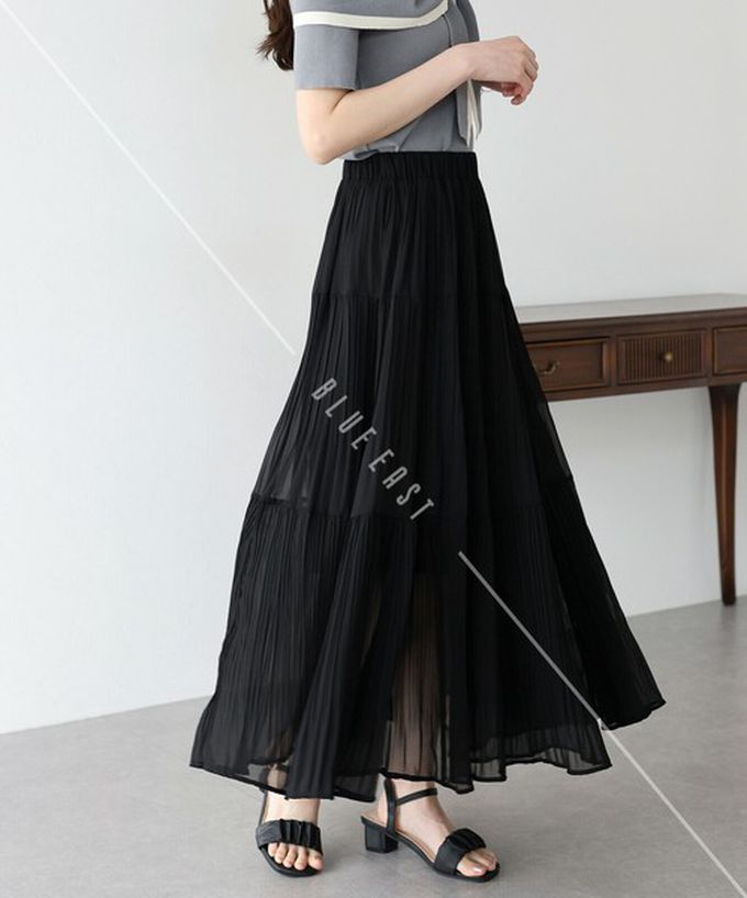 日本 BLUE EAST - 優雅細摺雪紡分層鬆緊長裙-黑 (M)
