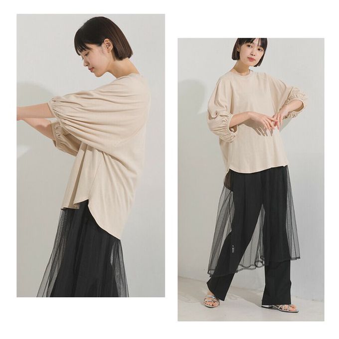 日本 OMNES - 抗透汗 薄透氣球七分袖上衣-水藍