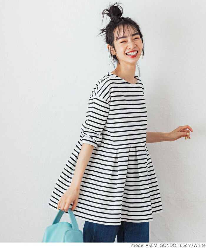 日本 COCA - 橫條紋縮腰傘狀長袖上衣-黑底白條