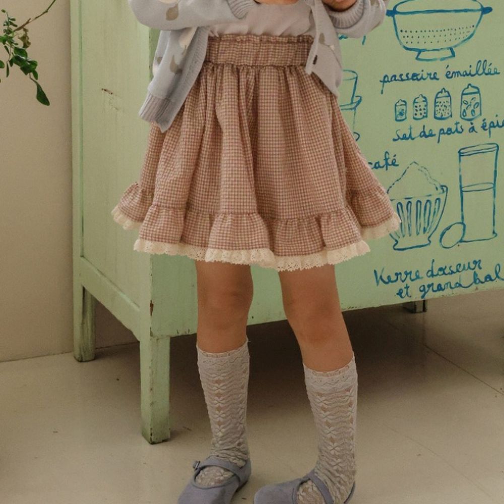 Puellaflo 鬆緊腰小格紋蕾絲邊點綴短裙-藕粉