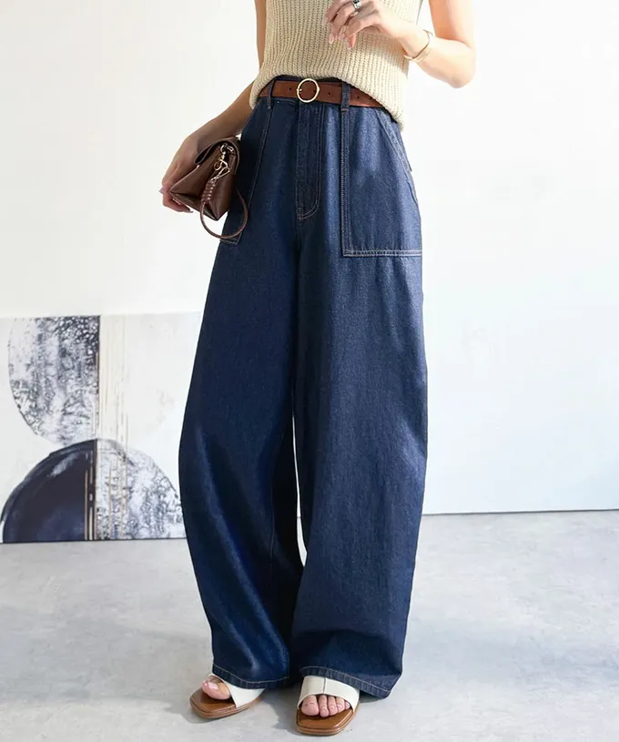 日本 Classical Elf - 圓弧修身廓形大口袋純棉丹寧褲-刷白水藍