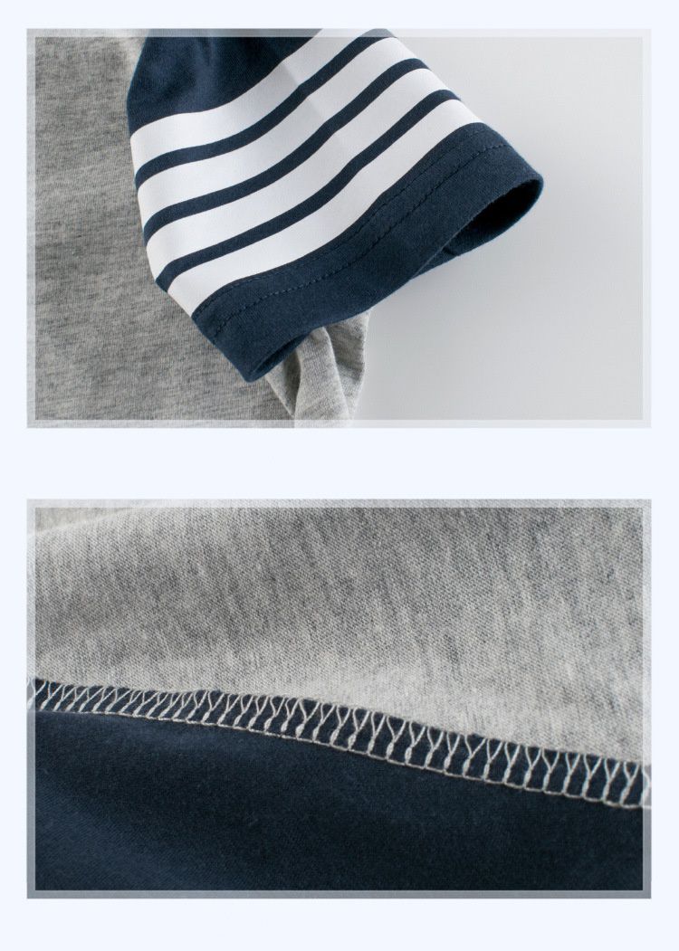 純棉短袖上衣-袖子條紋款-灰+深藍