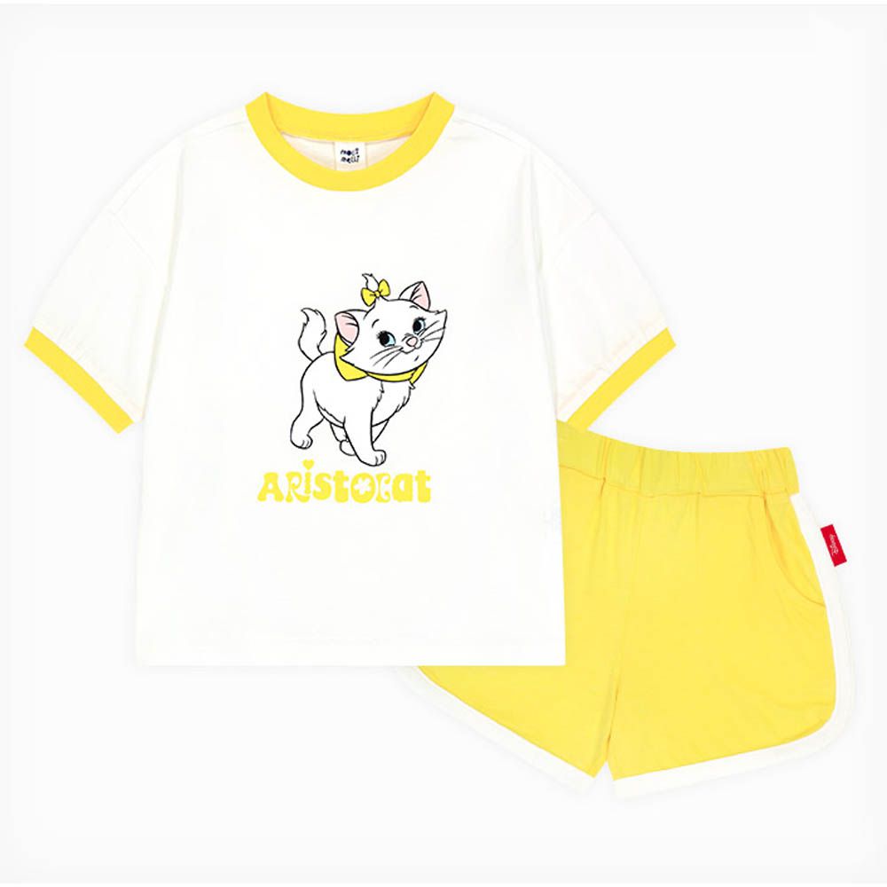 (聯名款)卡通貓咪休閒運動風短袖套裝-白X黃