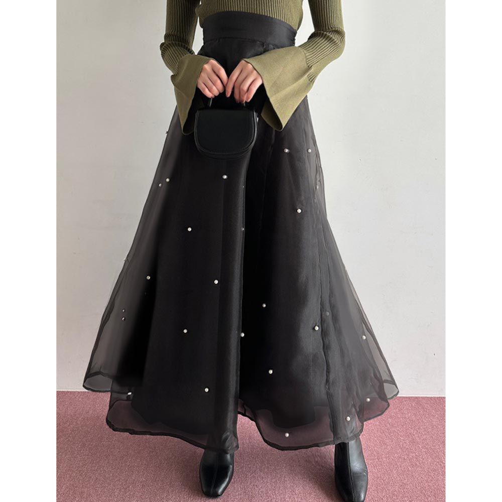 日本 GRL - 華美珍珠透膚紗長裙-氣質黑