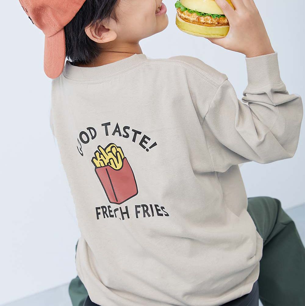 100%棉 寬鬆版型縮口長袖上衣-背後薯條-淺灰棕