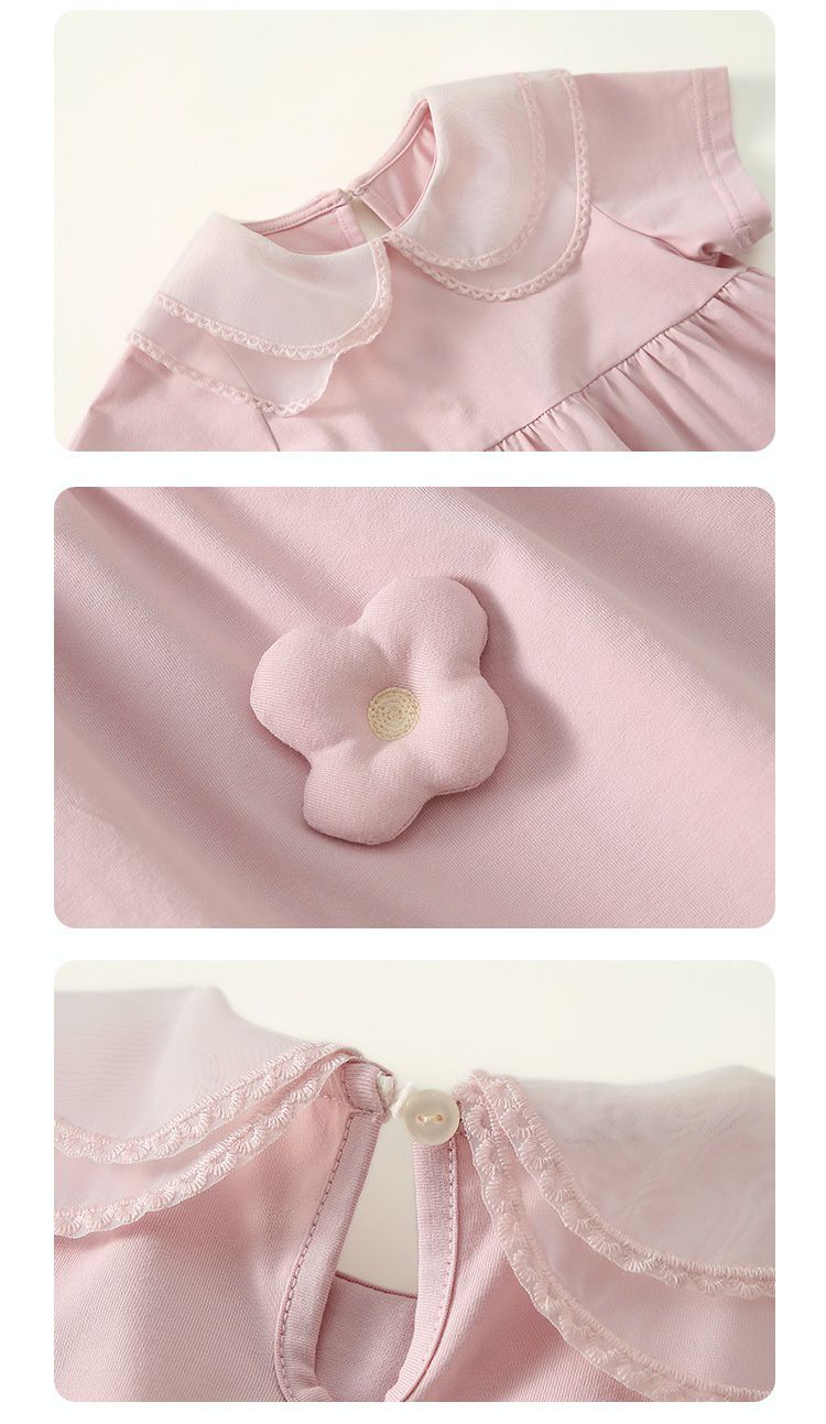 娃娃領公主袖連身洋裝-立體花朵-粉色