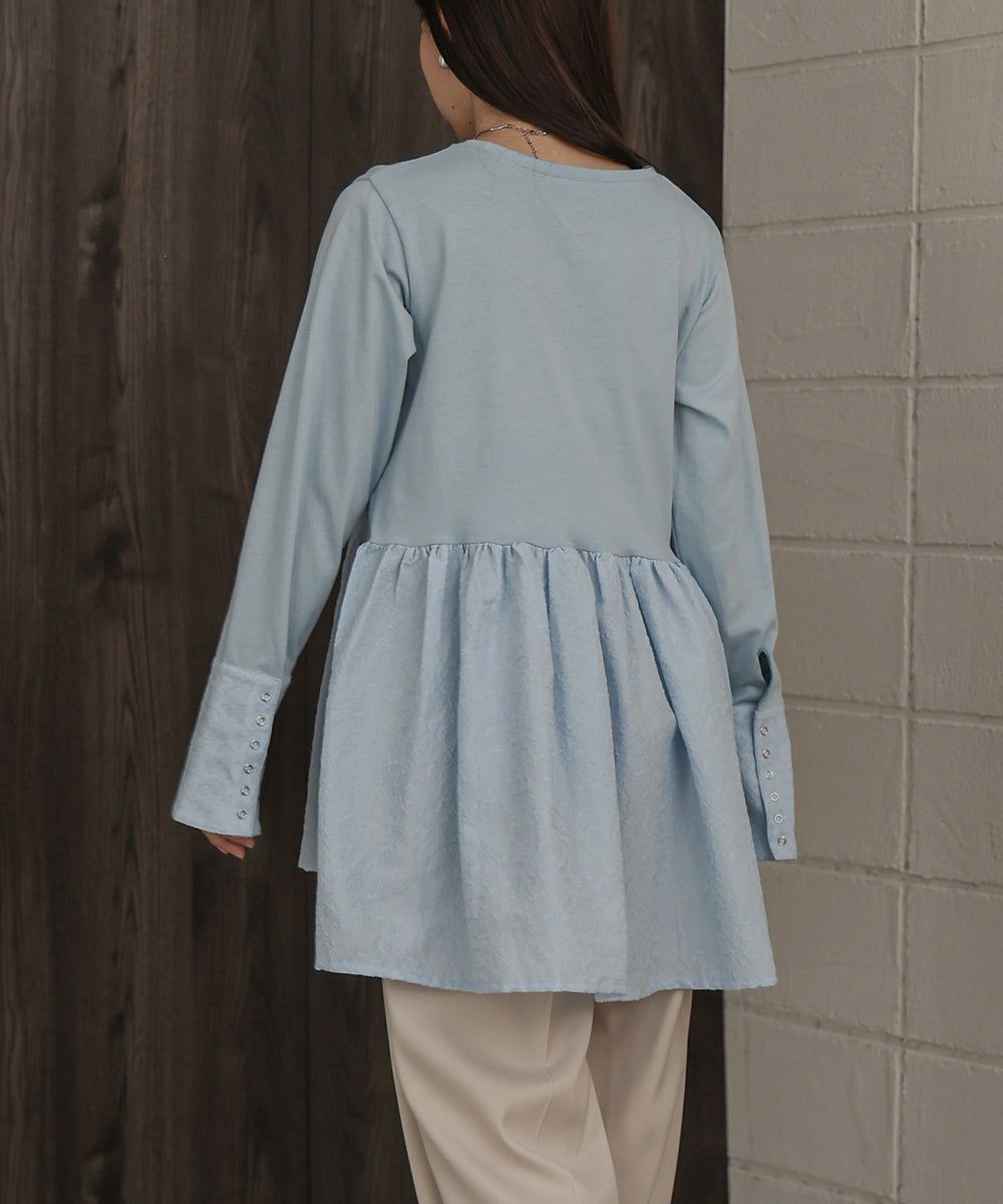 日本 Bab - 優美緹花拼接長袖上衣-水藍