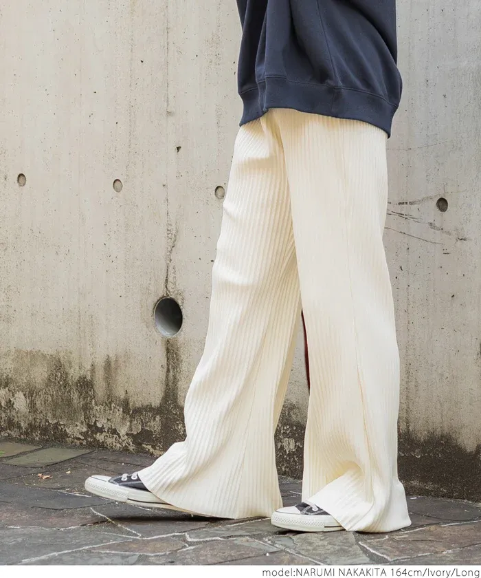 日本 COCA - [可剪裁] 羅紋彈性垂墜寬褲-黑