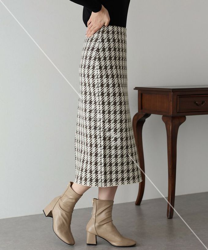 日本 BLUE EAST - 氣質千鳥格針織開叉合身長裙-灰白