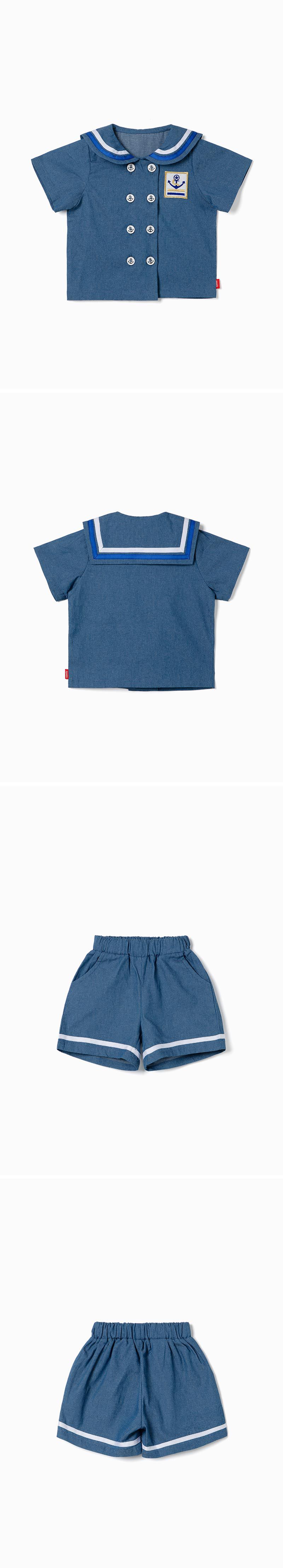 韓國 OZKIZ - 丹寧水手翻領排釦套裝-丹寧藍