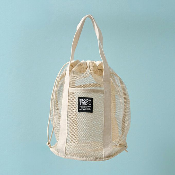 日本 b-ROOM - 網格圓筒沙灘包/玩水包-米白 (33x22x22cm)