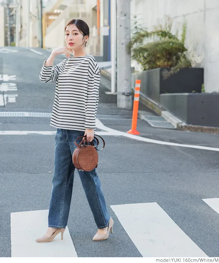 日本 COCA - [熱銷推薦] 百搭船領薄長袖上衣-條紋-灰x白