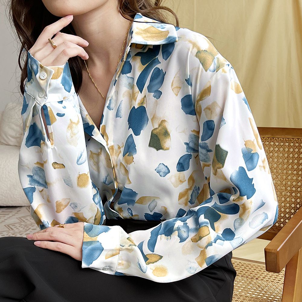 法式水墨印花長袖襯衫-藍色