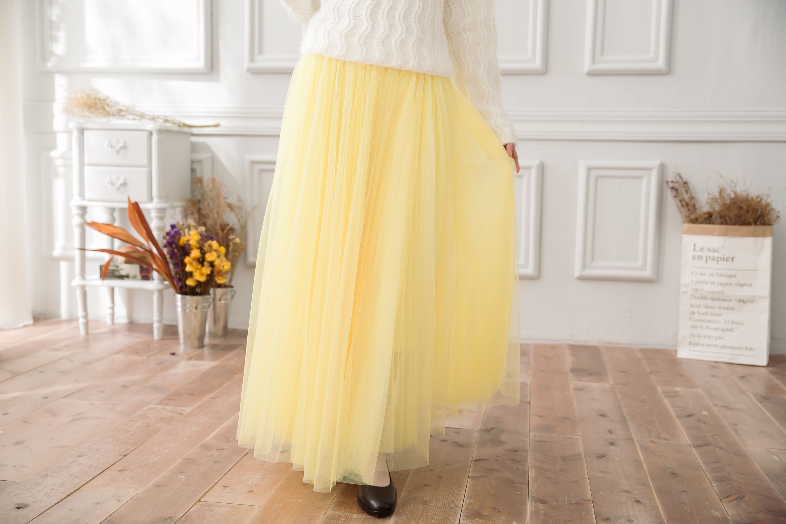 Peachy - 獨家訂製綿柔法式浪漫三層蓬紗裙-三層蓬版-嫩鵝黃 (F)