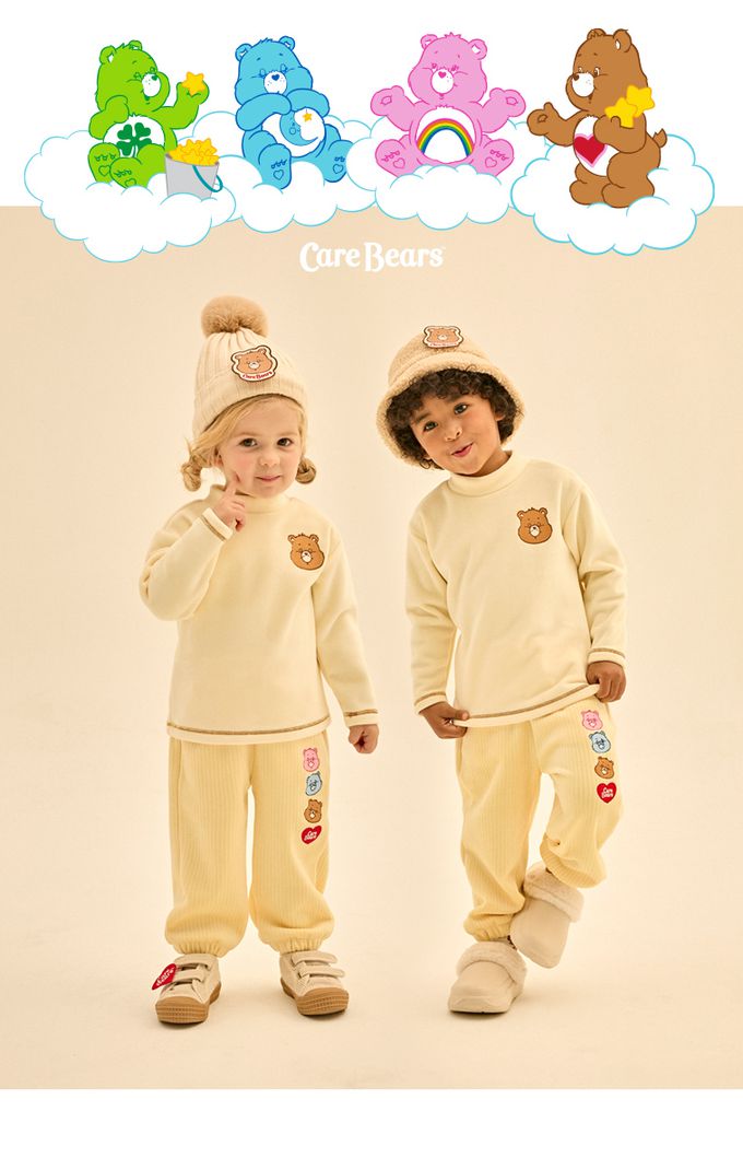 韓國 Care Bears - 鬆緊腰聯名款內刷毛縮口長褲-刺繡熊-奶油黃