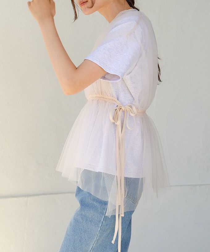 日本 Bab - 仙氣皺摺薄紗 腰綁帶短袖上衣-象牙黃