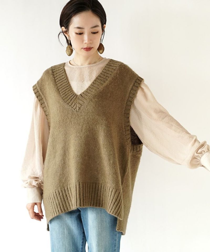 日本 zootie - 毛呢V領寬鬆針織背心-淺灰紫