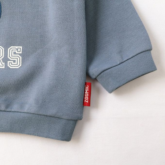 日本 ZOOLAND - 丹寧風小熊裏毛長袖上衣-縫線小熊臉-藍