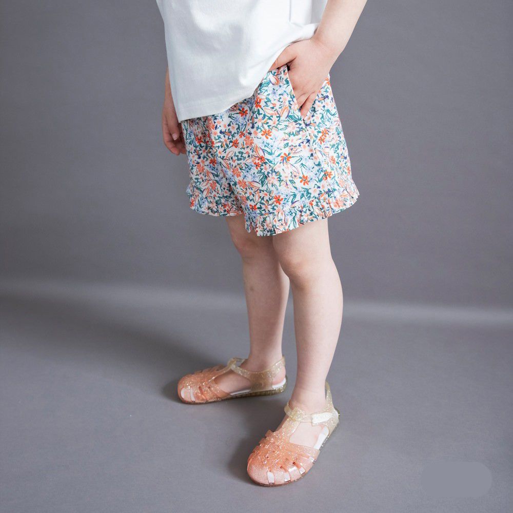 清爽可愛摺邊後口袋短褲-花卉-紅系