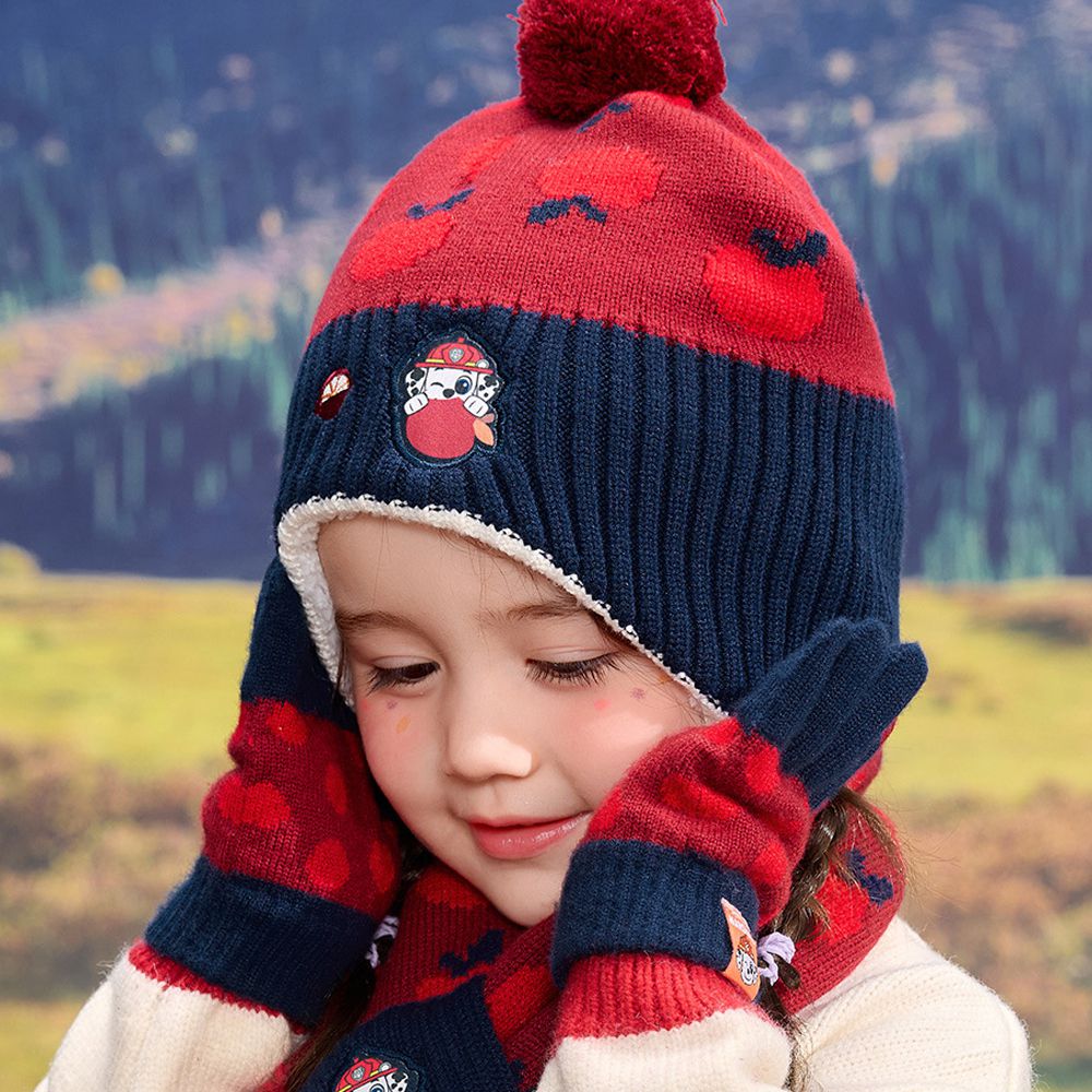 卡通汪汪隊護耳保暖加絨毛帽-卡通人物毛毛-紅色