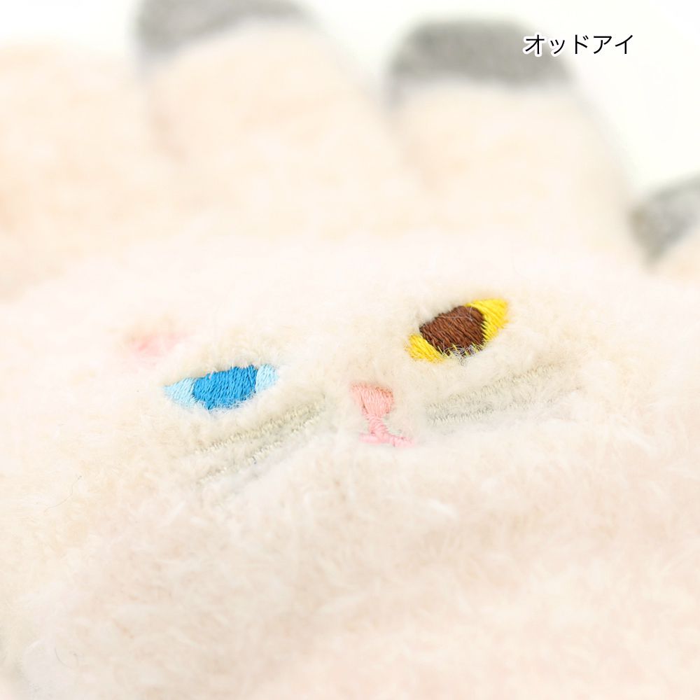 日本 TOMO - 大人可觸控短絨保暖手套-異眼貓-米白