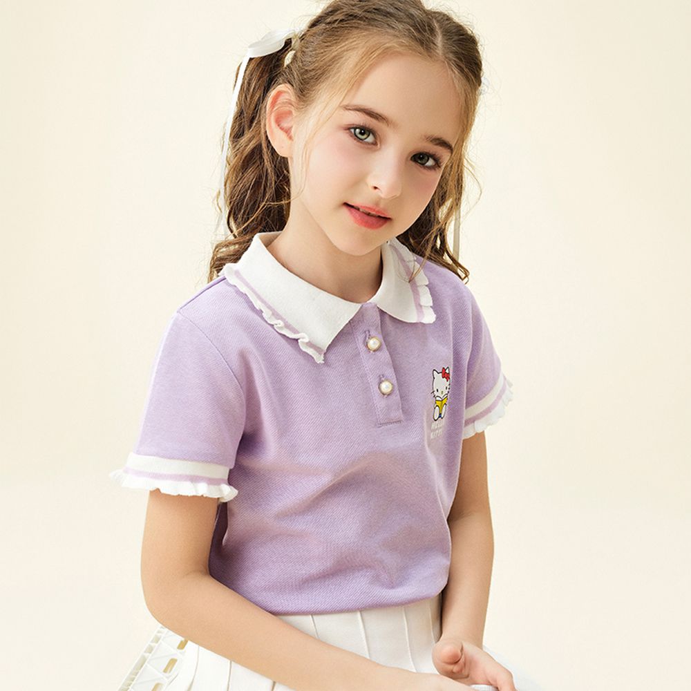 氣質珍珠扣撞色翻領短袖上衣-卡通人物Hello Kitty-紫色