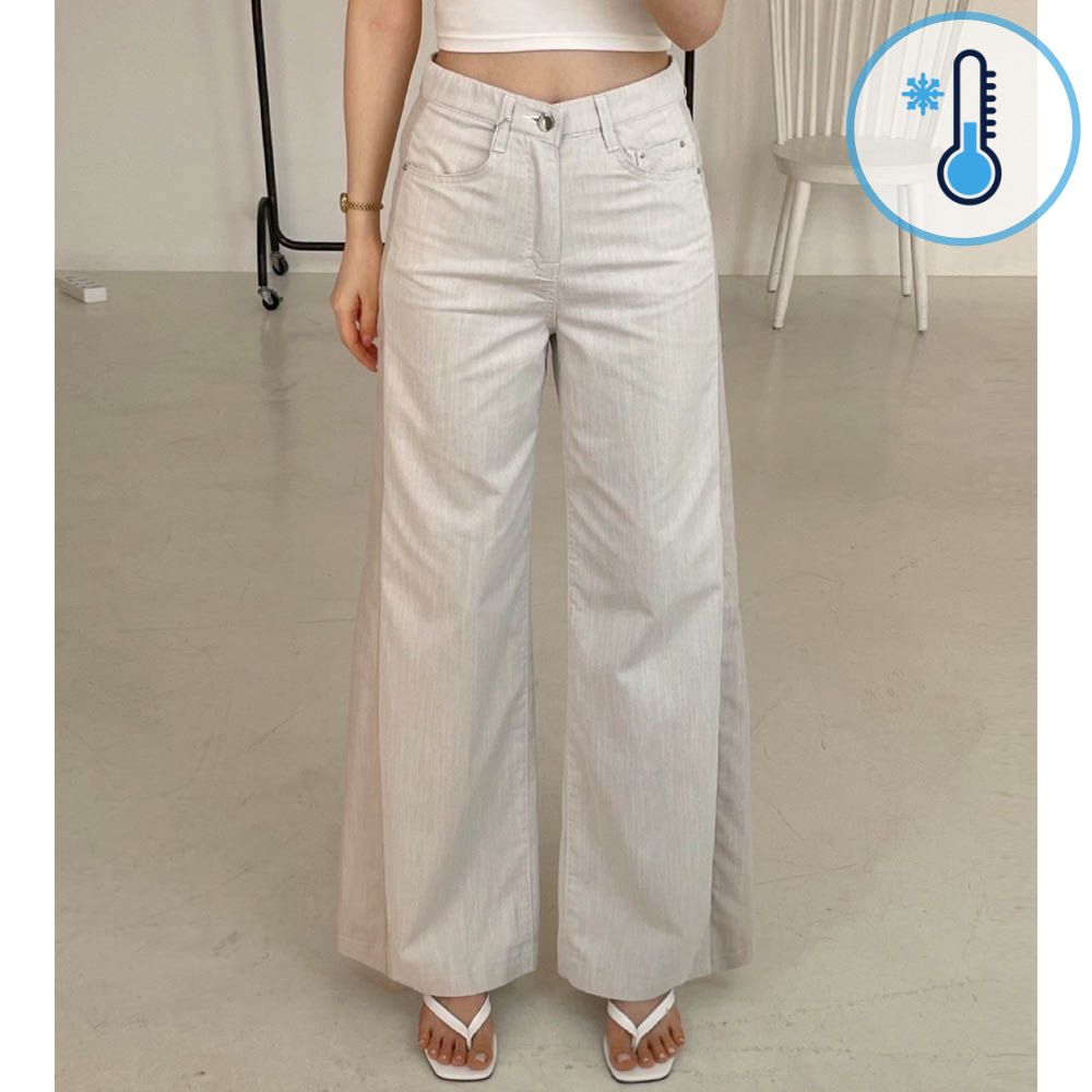 (涼感機能)鬆緊腰夏日寬鬆喇叭褲-米杏