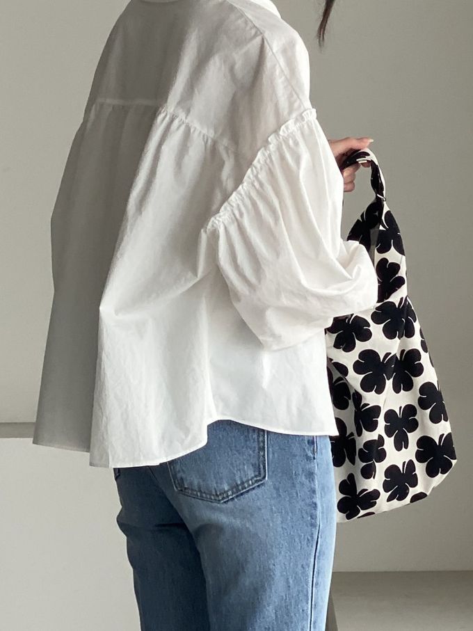 韓國女裝連線 - 極簡拼接翻領長袖襯衫-象牙白 (FREE)