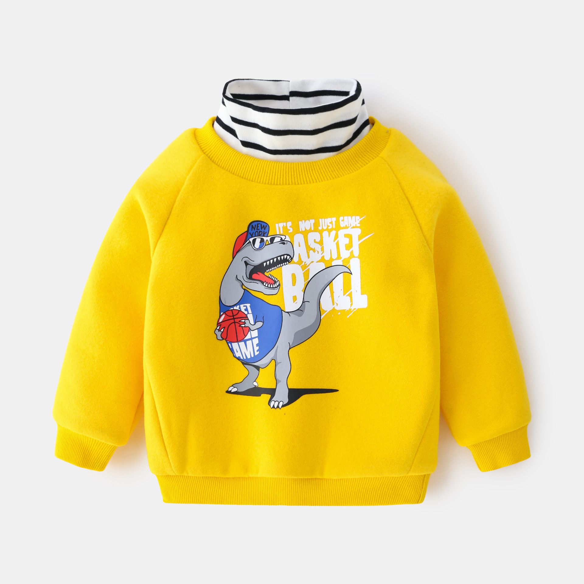 WELLKIDS - 假兩件高領長袖休閒上衣-兇巴巴暴龍-深藍色